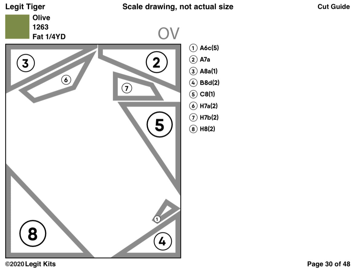 Cut guide. Displays every quilt fragment cut from every color of fabric. Use to minimize waste and to show where large pieces of the color are located in the quilt.