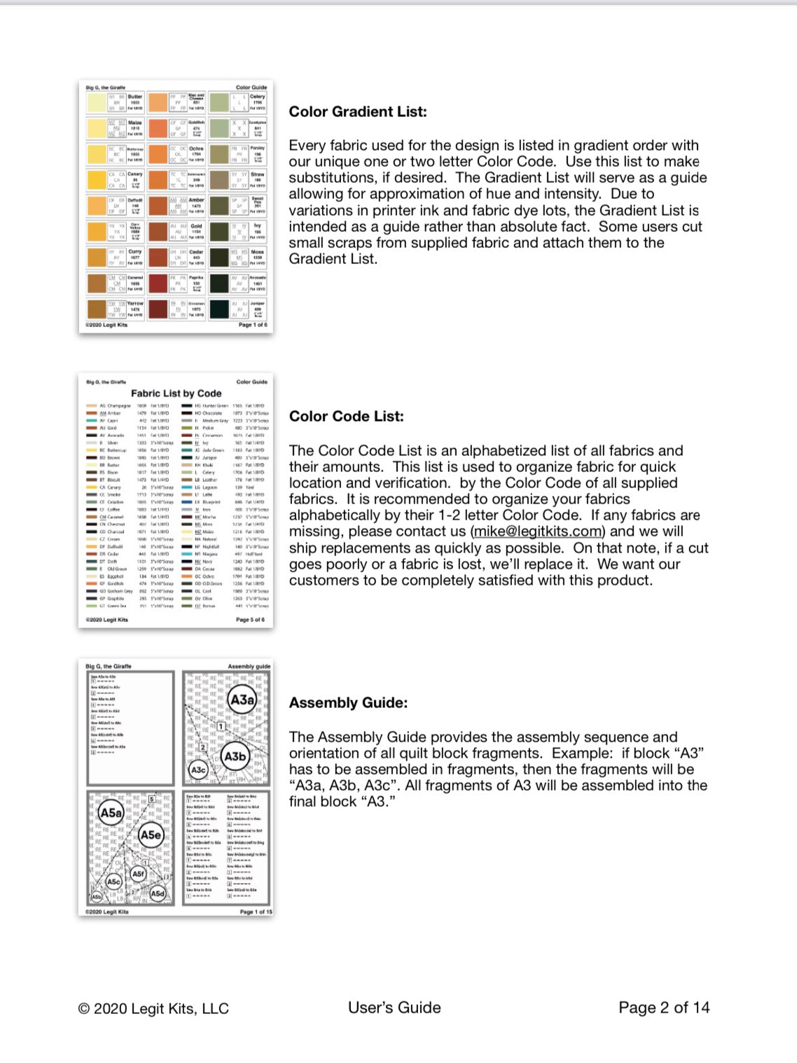 Excerpt from the user's guide. A highly detailed document that walks the user through every step of the process for completing a legit kits quilt top.