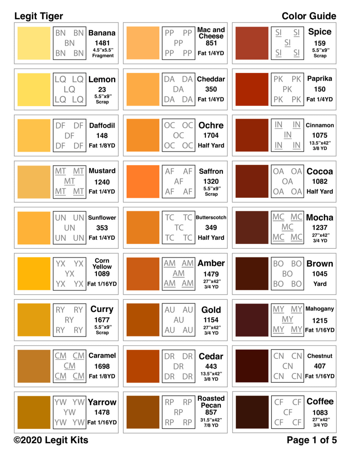 Color guide for legit tiger, allows for matching of personal fabrics to the design.