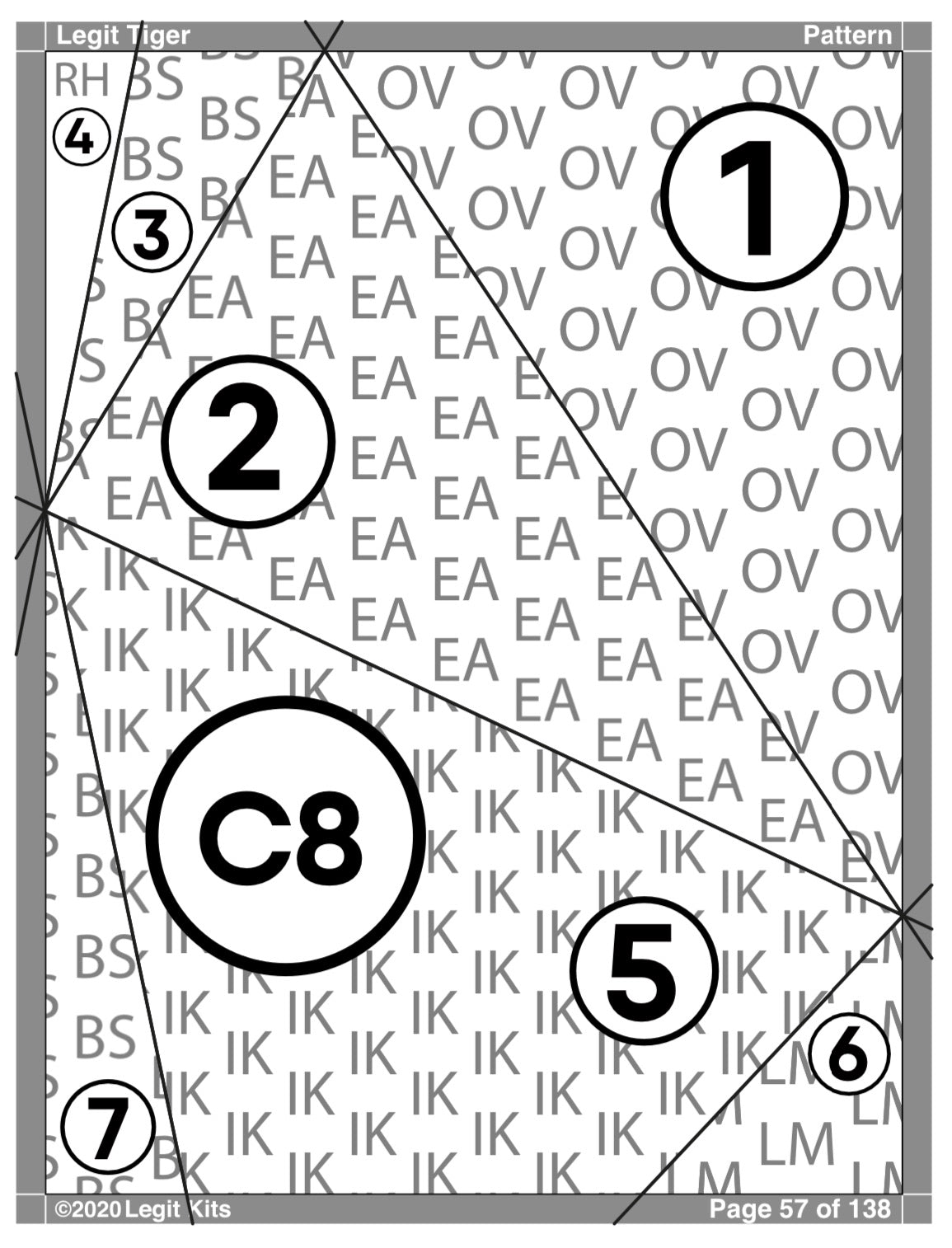 FPP pattern for Legit tiger. Sew along black seam lines using colors designated by 2 letter codes. Sequence of fabrics indicated by numbers.