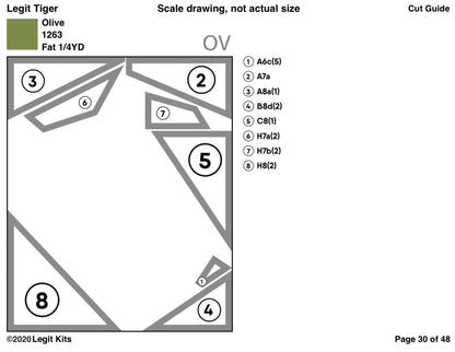 Cut guide.  Displays every quilt fragment cut from every color of fabric.  Use to minimize waste and to show where large pieces of the color are located in the quilt.