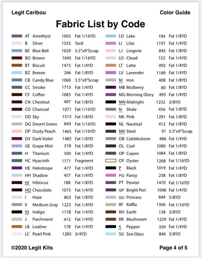 Part of the fabric list organized alphabetically, we recommend alphabetizing your fabrics by code to make them easy to find when quilting.