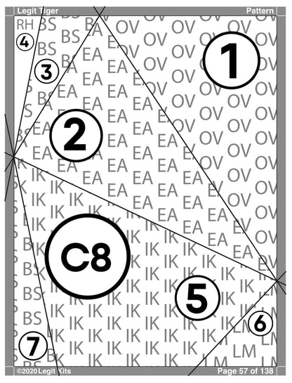 FPP pattern for Legit tiger.  Sew along black seam lines using colors designated by 2 letter codes.  Sequence of fabrics indicated by numbers.